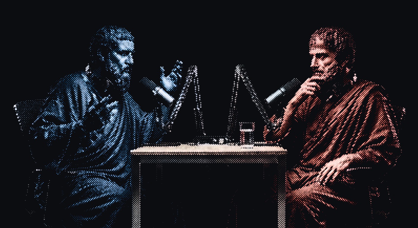 Two classical philosophers arguing across a podcast desk, rendered as an ink halftone